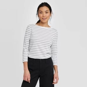 Women's Striped Slim Fit Long Sleeve Boat Neck T-S